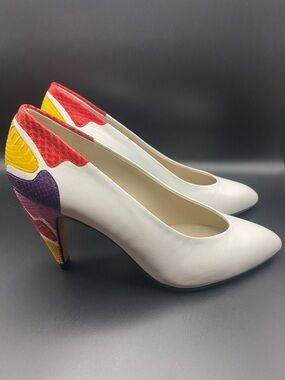 Rare Italian Vintage 80’s Via Spiga White Leather and Snakeskin Pumps
